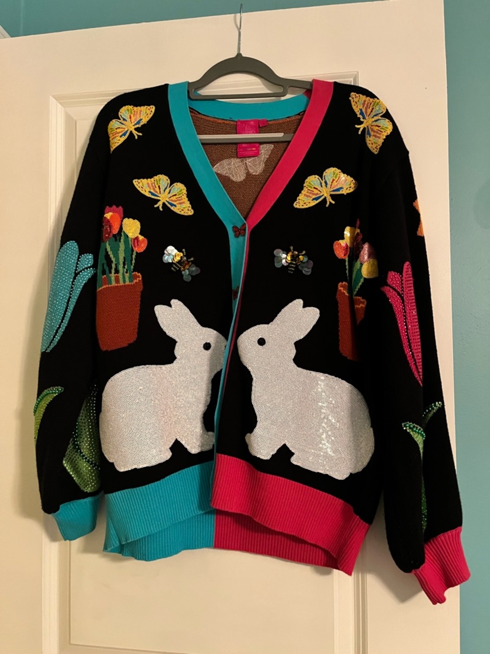 QOS Black Sequin Bunny V-Neck Cardigan with Colorblock Trim